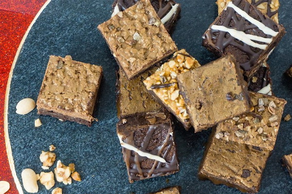 pile of brownies on blue and red background