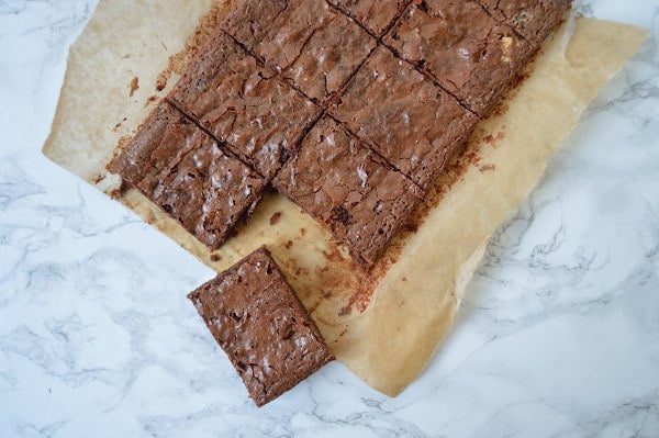 Chocolate brownies on grease proof paper