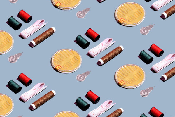 Sewing tools on grey background