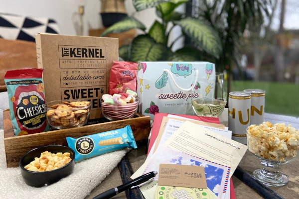 Popcorn, snacks, and puzzle sheets