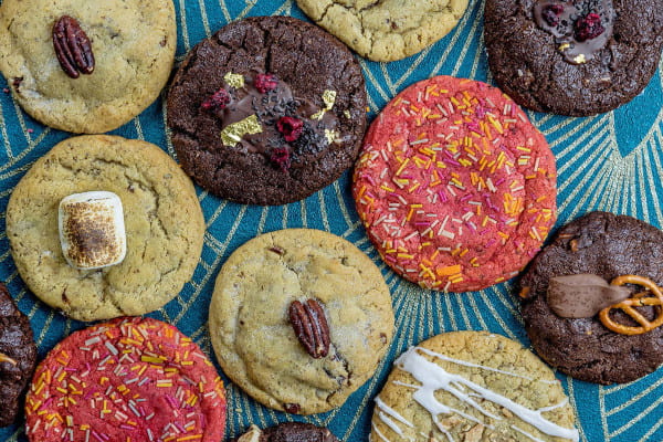 Cookies on a blue and gold patterned surface