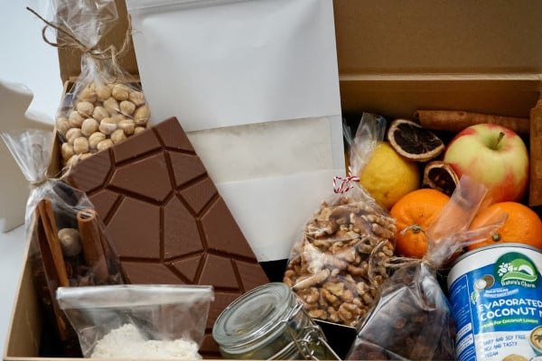 Cardboard box filled with treats