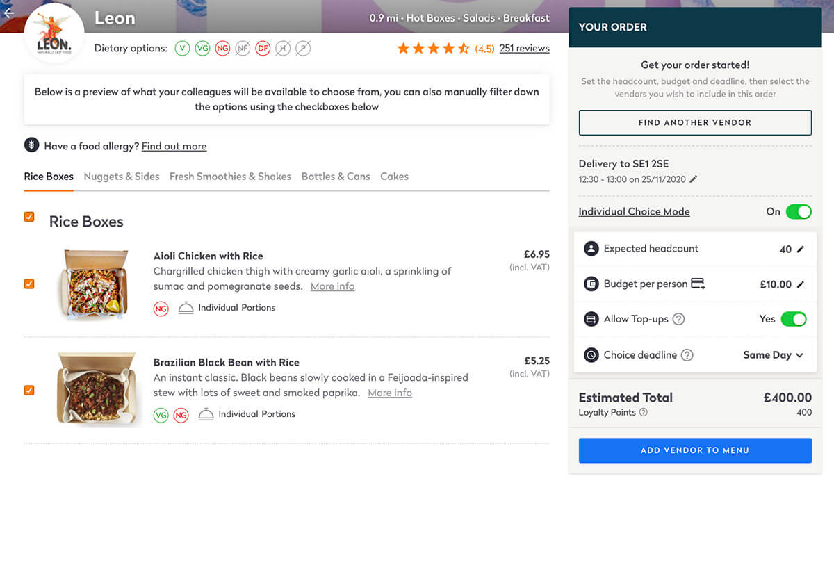 Edit Just Eat for Business menu options